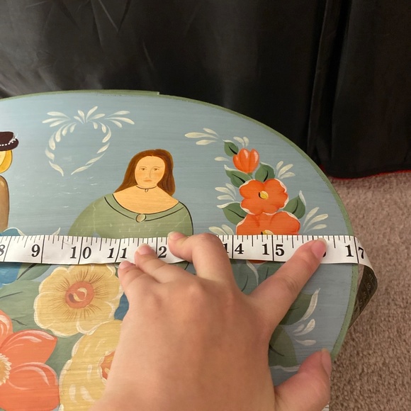 Vtg French Couple Oval Handpainted Folk Art Wooden bride box With Cover Marked - Picture 8 of 16